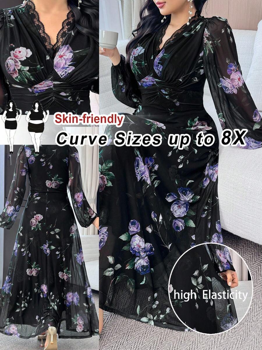 SHEIN CURVE+ 优雅简约印花撞色蕾丝灯笼袖连衣裙 - 彩色 - 查看 1