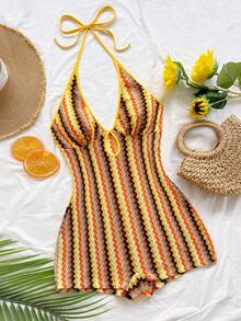 Soleia (No Chest Padding)Plus Size Yellow Summer Boho Vacation Holiday Multicolor Knit Striped Halter Backless Mini Jumpsuit, - Multicolor - View 1