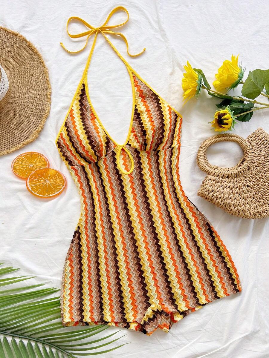 Soleia (No Chest Padding)Plus Size Yellow Summer Boho Vacation Holiday Multicolor Knit Striped Halter Backless Mini Jumpsuit, - Multicolor - View 1