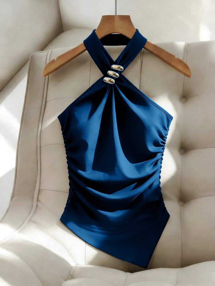 Franclia 黑色金屬裝飾無袖短版上衣,針織修身夏季上衣,不對稱下擺 - 水鴨藍 - 查看 1