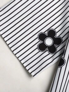 SHEIN 3pcs/Set Tween Girls' Summer Casual Vacation Floral & Striped Print Shirt Set - Black and White - View 5
