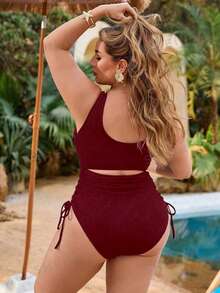 SHEIN Navy Blue Plus Size One-Piece Swimsuit With Cover-Up Set For Leisure & Vacation - Red Violet - View 2
