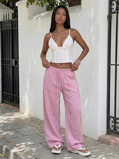 FavEase 2026 New Soft Cotton Gauze Casual Loose Fit Low Waist Solid Color Drawstring Straight Leg Pants, Light Purple, Women Women Pants Casual Summer Pants For Women