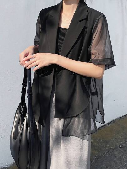 FRIFUL Women's Mesh Patchwork Flat Collar Casual Versatile Daily Wear Blazer