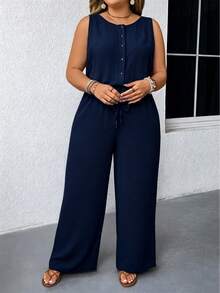 SHEIN Tall CURVE Plus Size Women Backless Patchwork Embroidered Collar Cinched Waist Long Wide Leg Jumpsuit - Navy Blue - View 4