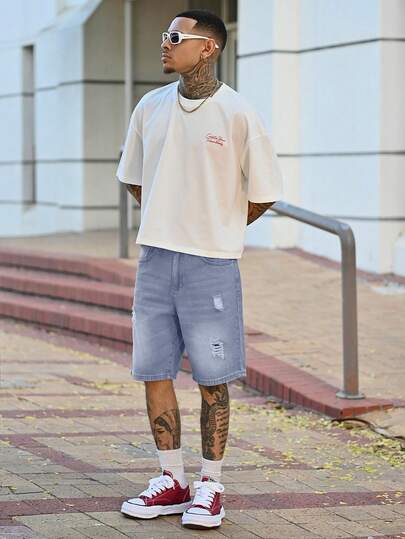 Devon Thys Pantalones cortos vaqueros tipo 'jorts' de cinco bolsillos, de corte holgado y rotos para hombre