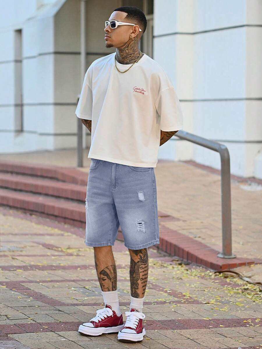Devon Thys 男式宽松破洞五袋牛仔短裤 - 淺色水洗藍 - 查看 1
