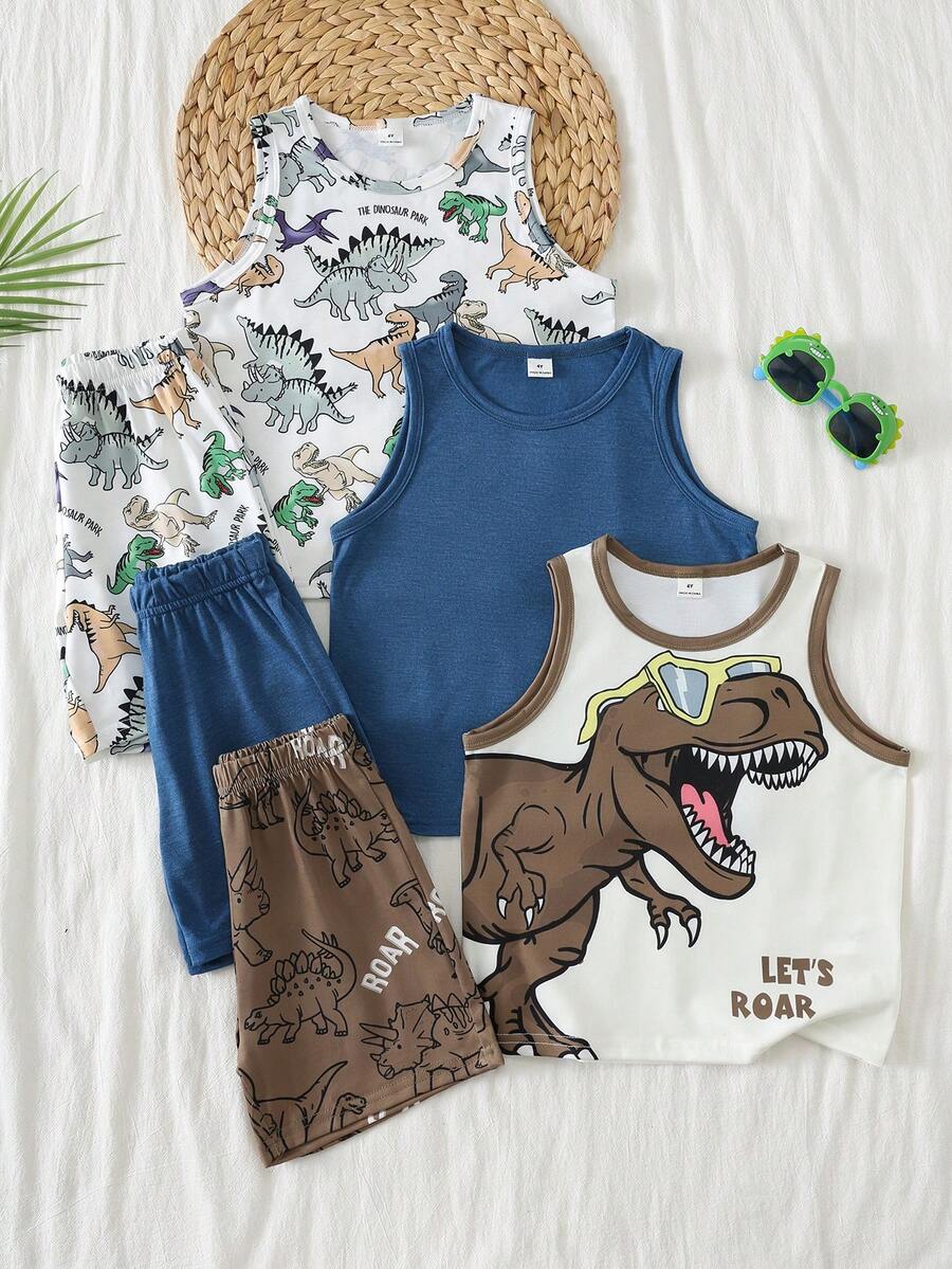 SHEIN Bộ đồ 6 món cho bé trai, kiểu dáng thường ngày, in hình hoạt hình dễ thương, gồm áo tank top và quần short, thích hợp cho mùa hè. - Nhiều màu - Xem 1