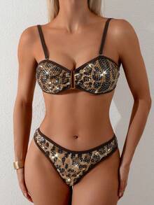 Swim Chiccia Bộ bikini 2 mảnh dành cho nữ, chất liệu vải đính sequin họa tiết da báo, dây mảnh, thích hợp đi biển, nghỉ mát, du lịch, mùa xuân/hè, bikini đính sequin, đồ bơi họa tiết da báo, bộ bikini, bikini họa tiết da báo - Nhiều màu - Xem 7