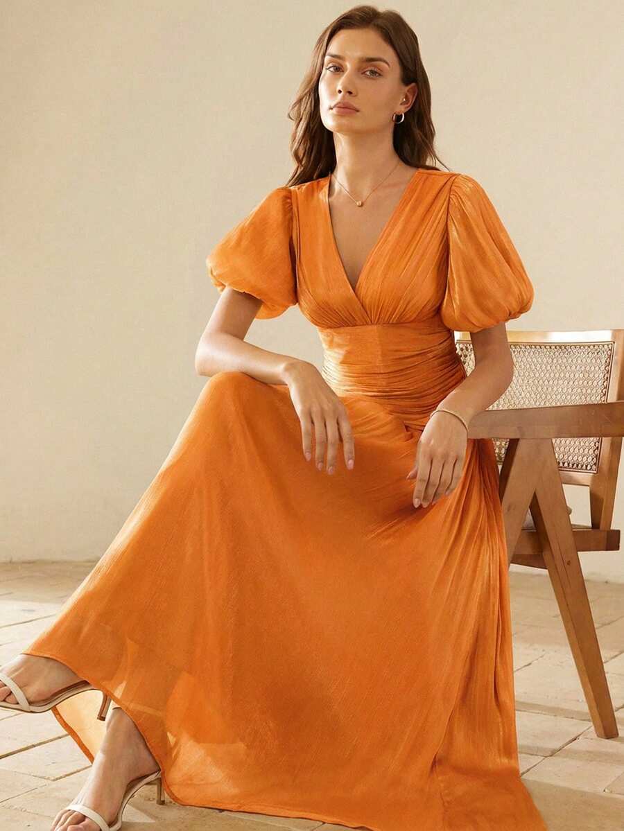 BELROSIE New Arrival Shiny Luxury V-Neck Drawstring Waist Flared Hem Short Sleeve Dress - Orange - View 1