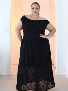 Pretty and Ole 大尺碼女款春夏長款壓花網紗洋裝，適合生日、婚禮、伴娘禮服，優雅黑色 - 黑色 - 查看 5