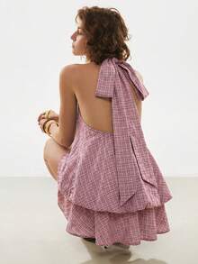 Poéselle Women's Plaid Print Halter Backless Casual Mini Dress - Pink - View 3