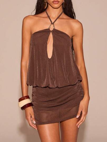 Opulessa Solid Color Knit Halter Mini Dress For Women, Spring/Summer Vacation
