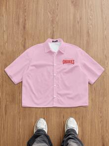 Manfinity Joysei Men's Short Sleeve Back Cherry Alphabet Pattern Casual Summer Shirt Men Cherry Shirt - Pink - View 2