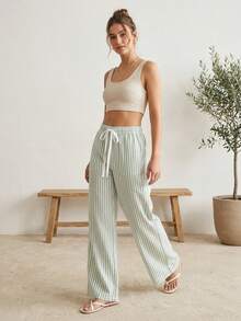 Pantalón Palazzo de Rayas  con Cintura Elástica - Verde Oscuro - Ver 4
