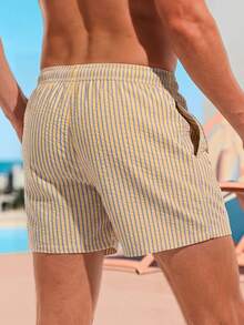 CoralVoy Men's Striped Drawstring Waist Casual Beach Shorts, Holiday - Pale Yellow - View 2