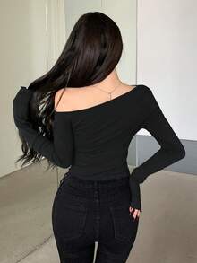 DAZY Women's Solid Color Asymmetrical Shoulder Ruched Slim Fit T-Shirt Long Sleeve Women Tops - Black - View 3