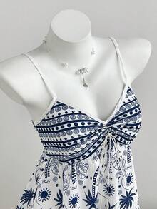 Elamini Đầm hai dây ngắn in họa tiết retro, hở lưng, cổ chữ V, dây rút, gợi cảm mùa hè. - Màu xanh lam - Xem 3