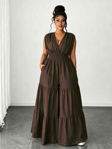 Maweii Bộ jumpsuit nữ cỡ lớn thanh lịch, chất liệu giả denim, thiết kế xếp ly chéo eo có dây rút, nơ sau lưng, viền bèo nhiều lớp, kiểu dáng đa năng, phù hợp cho tiệc tùng, hẹn hò, những dịp lãng mạn, dạo phố thời trang, kỳ nghỉ, bãi biển, lễ hội âm nhạc, phong cách thời trang. - màu nâu - Xem 4