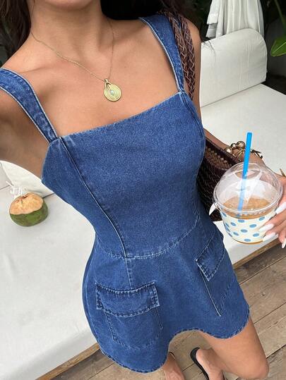 SHEIN Women's Casual Sleeveless Waist Cinched Denim Dress, Summer