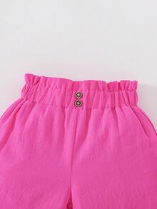 SHEIN Elladie kids 女童四件套纯色纽扣装饰休闲短裤套装，适合夏季休闲、日常和户外穿着 - 彩色 - 查看 6
