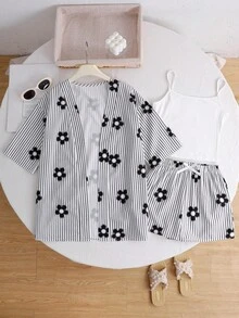 SHEIN 3pcs/Set Tween Girls' Summer Casual Vacation Floral & Striped Print Shirt Set - Black and White - View 8