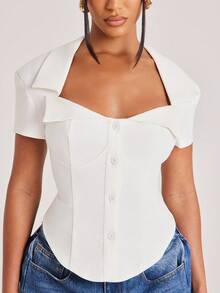 NYA SZN Top Short Sleeve Button Up Front Collared Vintage Retro Look Brunch Casual Everyday Bridal Shower Outfits For Women - White - View 5