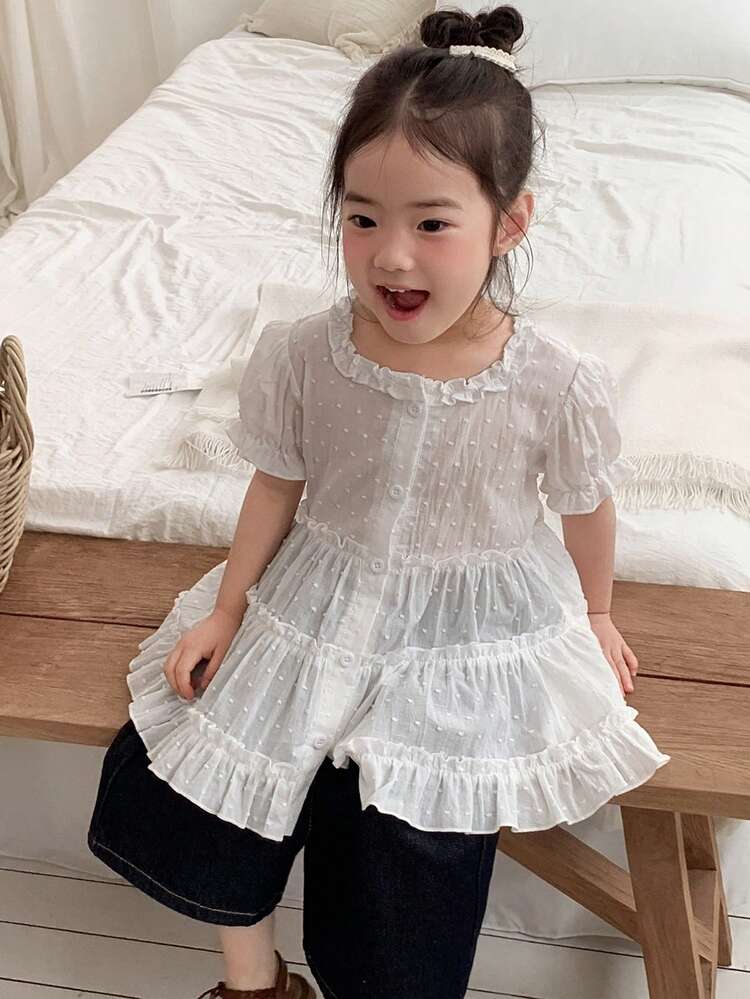 Baby Girl Solid Color Ruffle Hem Round Neck Short Sleeve Top, Fresh And Breezy For Spring/Summer