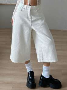 DAZY Shorts jeans femininos casuais, versáteis, de cor sólida e pernas largas. - Branco - Ver 6