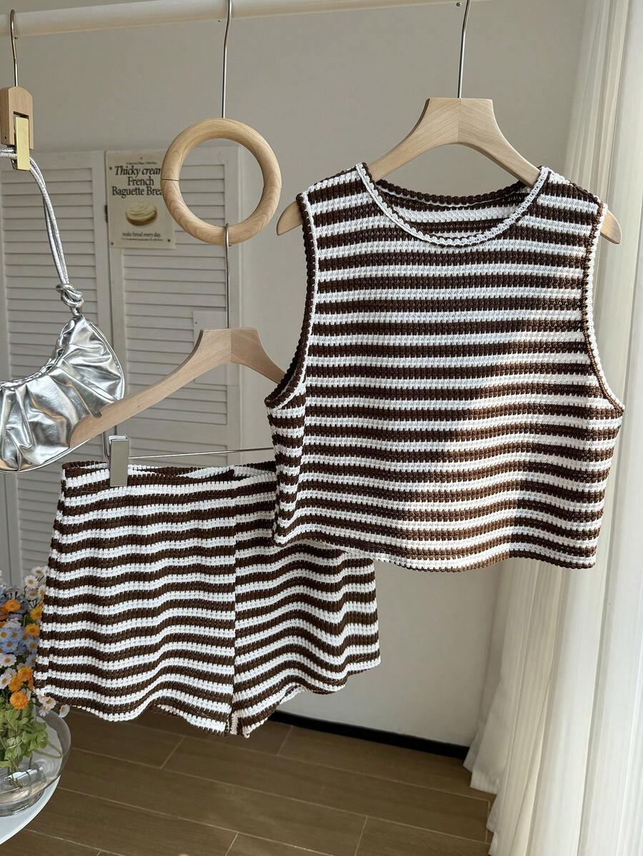 Comfortcana Plus Size Women Striped Round Neck Top And Shorts Casual Daily Outfit - Brown - View 1