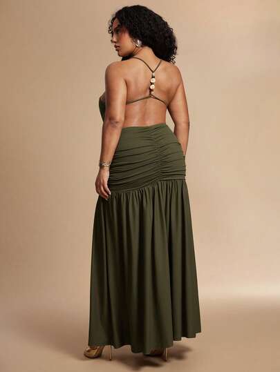 SHEIN BAE Plus Size Women's Casual Vacation Solid Color Beaded Decor Halter Backless Dress, Suitable For Beach Vacation, Beach, Travel, Bohemian Vacation, Green Dress, Elegant Sexy Dress