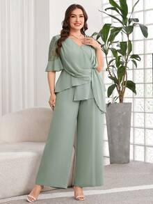SHEIN Clasi 大码女式荷叶边蕾丝拼接不对称设计衬衫和休闲宽松裤两件套 - 綠色 - 查看 6