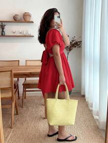 Enliva Abidrinkell Plus Size Spring/Summer Plain Round Neck Cute Sweet Princess Style Minimalist Campus Romantic Vacation Beach Valentine's Day Easter Wedding Hollow Back Bow Lantern Sleeve Dress, For Apple Rounded Body Shape - Red - View 2
