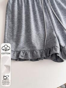 Resyla Pantalones cortos de mujer de verano, de unicolor, con volantes en el bajo y cordón en la cintura - Gris - Ver 5