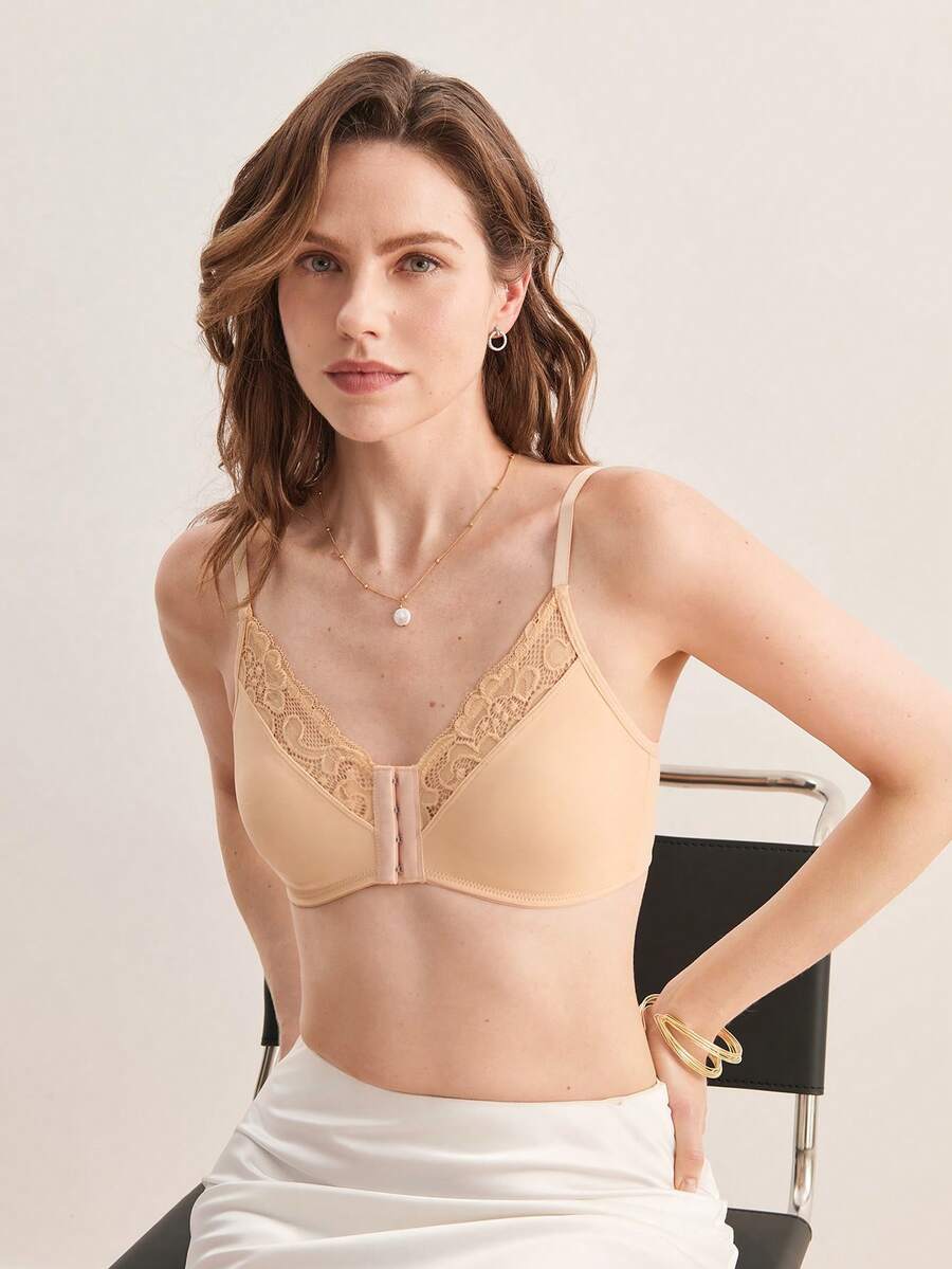 Hourtrue 1 bộ đồ ngủ nội y, áo ngực ren cài trước tối giản dành cho nữ, không gọng, không đệm mút, dây đeo điều chỉnh được. - Màu be - Xem 1