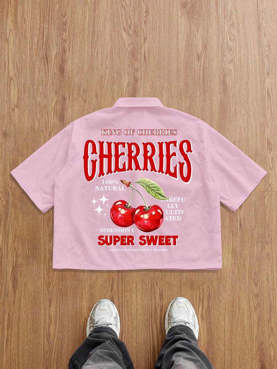 Manfinity Joysei Men's Short Sleeve Back Cherry Alphabet Pattern Casual Summer Shirt Men Cherry Shirt - Pink - View 1