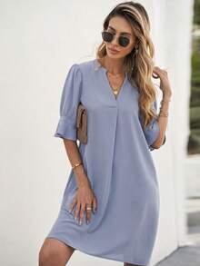 EMERY ROSE Women's Casual Vacation & Commute Solid Color Notch Neck Ruffle Sleeve Loose Dress, Summer - Baby Blue - View 4