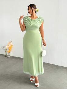 Firerie Robe de soirée élégante vert sauge grande taille pour femme, robe d'invitée de mariage d'été, col drapé en maille élastique, taille cintrée, pour remise de diplôme, bal et rassemblement - Vert - Voir 7