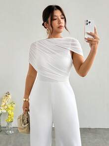 Firerie Plus Size Women Elegant Minimalist Poncho Design Mesh Patchwork Loose Jumpsuit, Versatile For Daily Wear White Wedding Guest Graduation Party - White - View 1