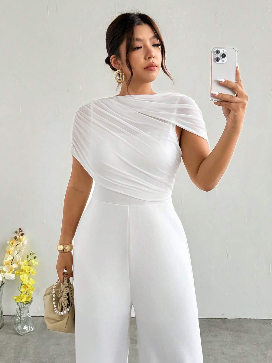 Firerie Plus Size Women Elegant Minimalist Poncho Design Mesh Patchwork Loose Jumpsuit, Versatile For Daily Wear White Wedding Guest Graduation Party - White - View 1