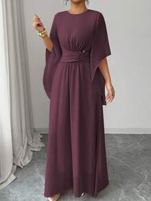 Elenzga Đầm midi nữ mùa xuân/hè kiểu Pháp lãng mạn, thanh lịch, thường ngày, phù hợp đi làm, đi nghỉ mát, dự tiệc trà chiều, ngày Valentine, đám cưới, màu hồng trơn, cổ tròn, eo có khóa kim loại trang trí, eo chun, dáng xòe bất đối xứng. - Màu Tím - Xem 3