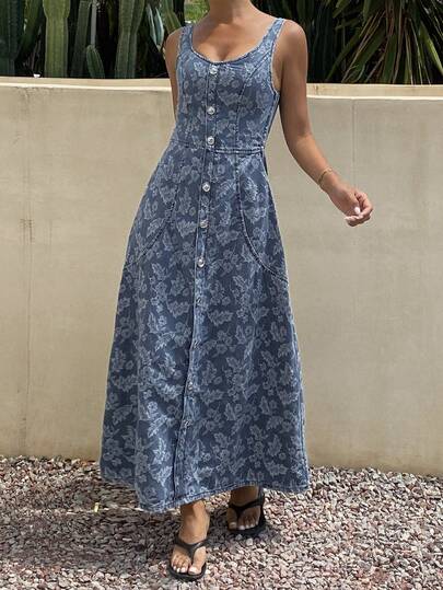 DAZY Floral Print Waist Cinched A-Line Dress, Casual Summer Holiday Denim Dress For Women