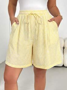 Shapeblank Pantalones/Culotes/Faldas de talle elástico con estampado de cuadros amarillo claro, de corte holgado y cómodo, para uso diario y versátil, para mujeres de talla grande, para primavera/verano. Pantalones cortos de verano, pantalones holgados, conjuntos para salir, estilo sencillo, ropa de vacaciones - Amarillo claro - Ver 6