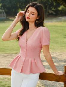 Vintamour Vintage Romantic Classic Elegant Floral Lace Patchwork Fitted Blouse, Dusty Pink Short Sleeve Shirt For Women, Spring/Summer Tea Party - Pink - View 2