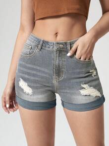 Jeanoix Quần short denim nữ dáng suông, có túi, ống rộng. - Màu xanh lam - Xem 5