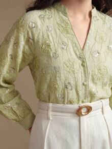 Anewsta Fashionable & Elegant Party Sequin Embroidered Long Sleeve Blouse For Women - Green - View 2
