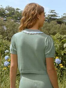 WESTFADE Scalloped Collar Floral Embroidered Button Front Cropped Cardigan Sweater Summer, Casual, Beach, Vacation, Holiday, Country - Green - View 2