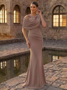 Aureia Elegant Elastic Knit Contrast Mesh Mermaid Hem Dress,Luxurious Asymmetric Ruffled Shoulder With Floral Applique,Beaded & Rhinestone For Evening Party - Dusty Pink - View 8