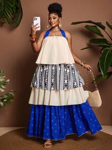 Maweii Beige,Summer,Boho,Vacation,Holiday Strapless Tie Back Bow Backless Ruffle Trim Bustier Top,Geometric Print Polka Dot Multi-Tier Flowy Maxi Dress - Multicolor - View 1