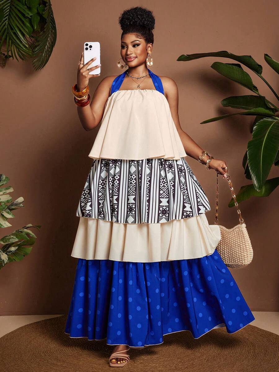 Maweii Beige,Summer,Boho,Vacation,Holiday Strapless Tie Back Bow Backless Ruffle Trim Bustier Top,Geometric Print Polka Dot Multi-Tier Flowy Maxi Dress - Multicolor - View 1